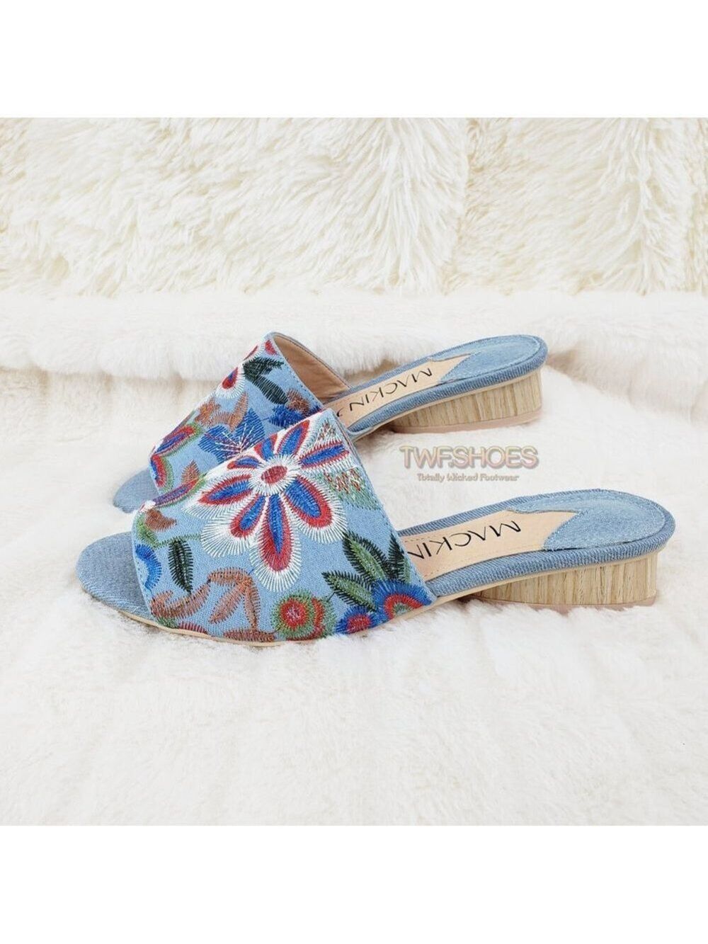 Flower Power Embroidered Denim slip on mule clogs Wood Wrap Heels 70's - Picture 5 of 10